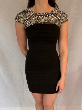 Sherri Hill Black Mini Dress with Crystal-Embellished Cap Sleeves